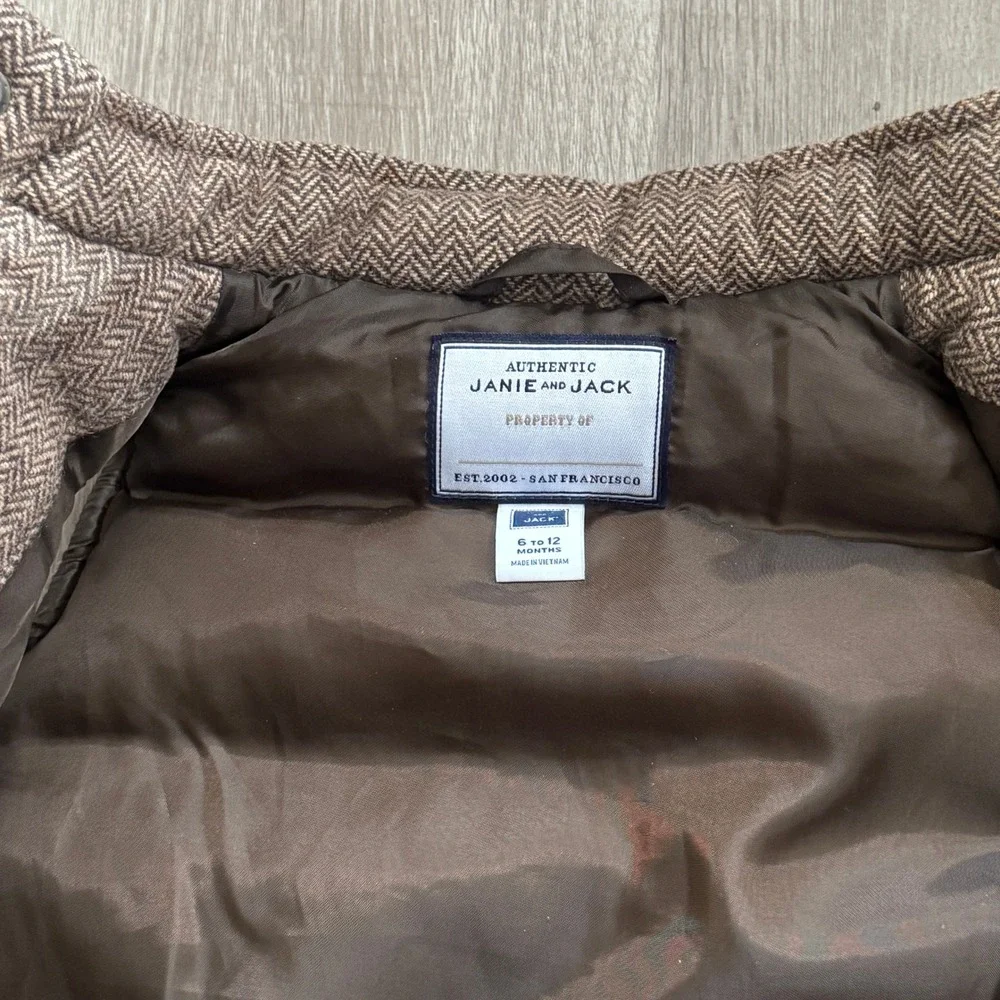 Janie and Jack Boys Brown Herringbone Puffer Vest 6-12 Months Quilted Snap Front